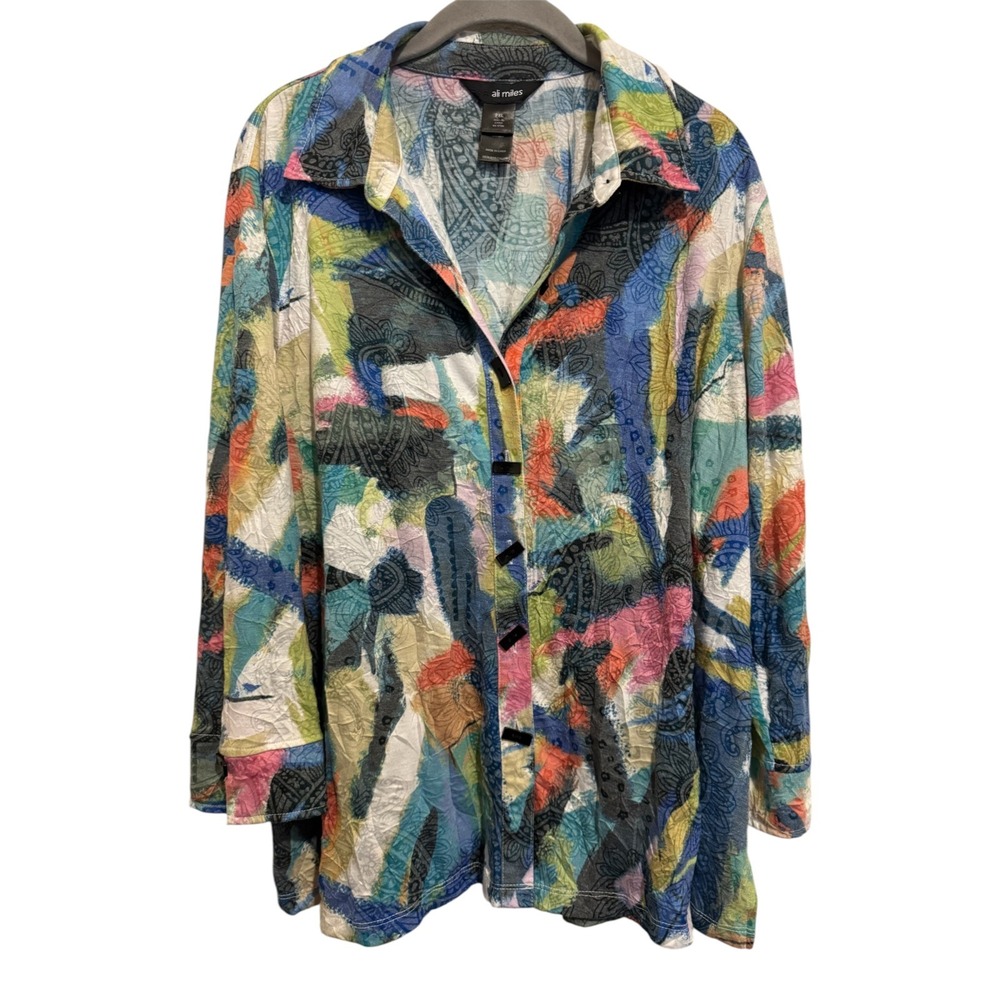 Ali Miles Blouse Women's PXL Multicolor Abstract Artsy Art to Wear Boho Crinkle